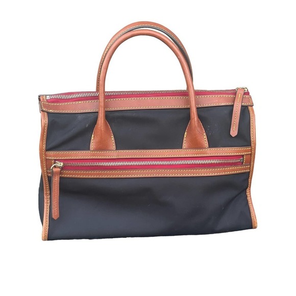 Dooney & Bourke Camden Saffiano Black Nylon Satchel w Brown Leather Trim - Picture 2 of 16